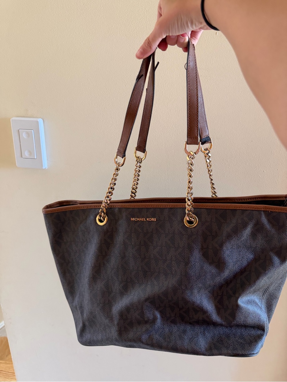 Michael Kors Dark Brown Logo Tote with Gold Chain Straps